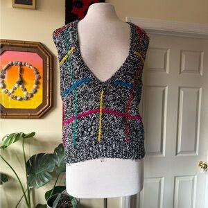 Liz Claiborne Vintage Retro Black & White Marled V-Neck Striped Sweater Vest